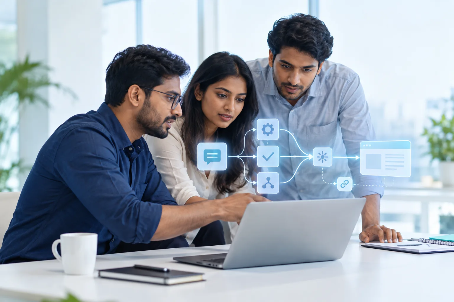 Conceptual scene of a technology team working through a connected customer messaging and business automation workflow